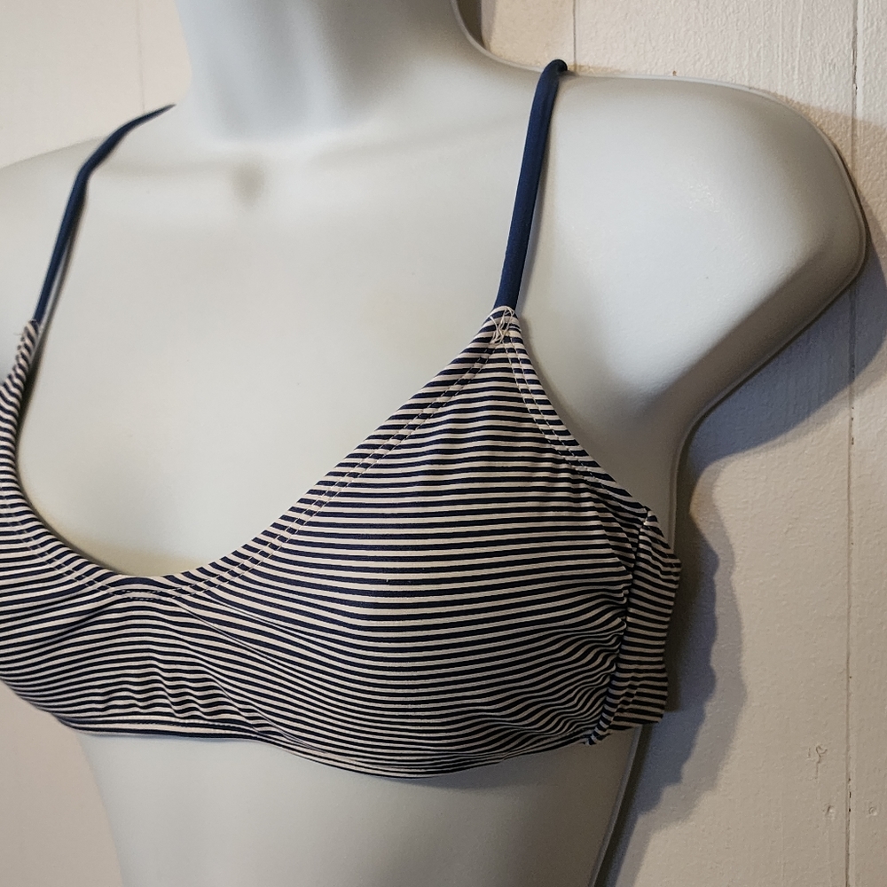 Xhiliration Striped Bikini Top Lace Up Back Blue White Medium‎ A529 - Picture 2 of 5